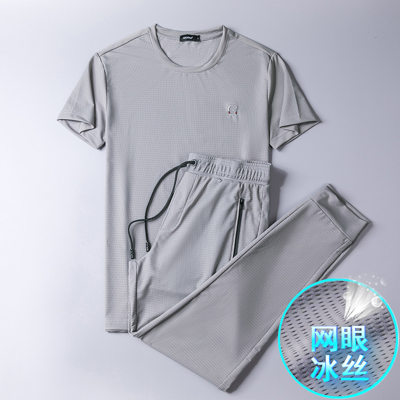 Ultra-Thin Quick-Drying Sports Suit Men's Summer Ice Mesh Men's Casual Suit Running Short-Sleeved T-Shirt Two-Piece Set