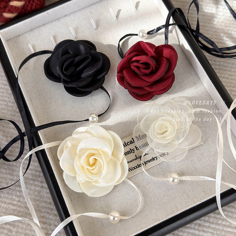 French Versatile Vintage Rose Lace Necklace Pearl Lace Choker Long Necklace Cross-border Clavicle Chain for Women