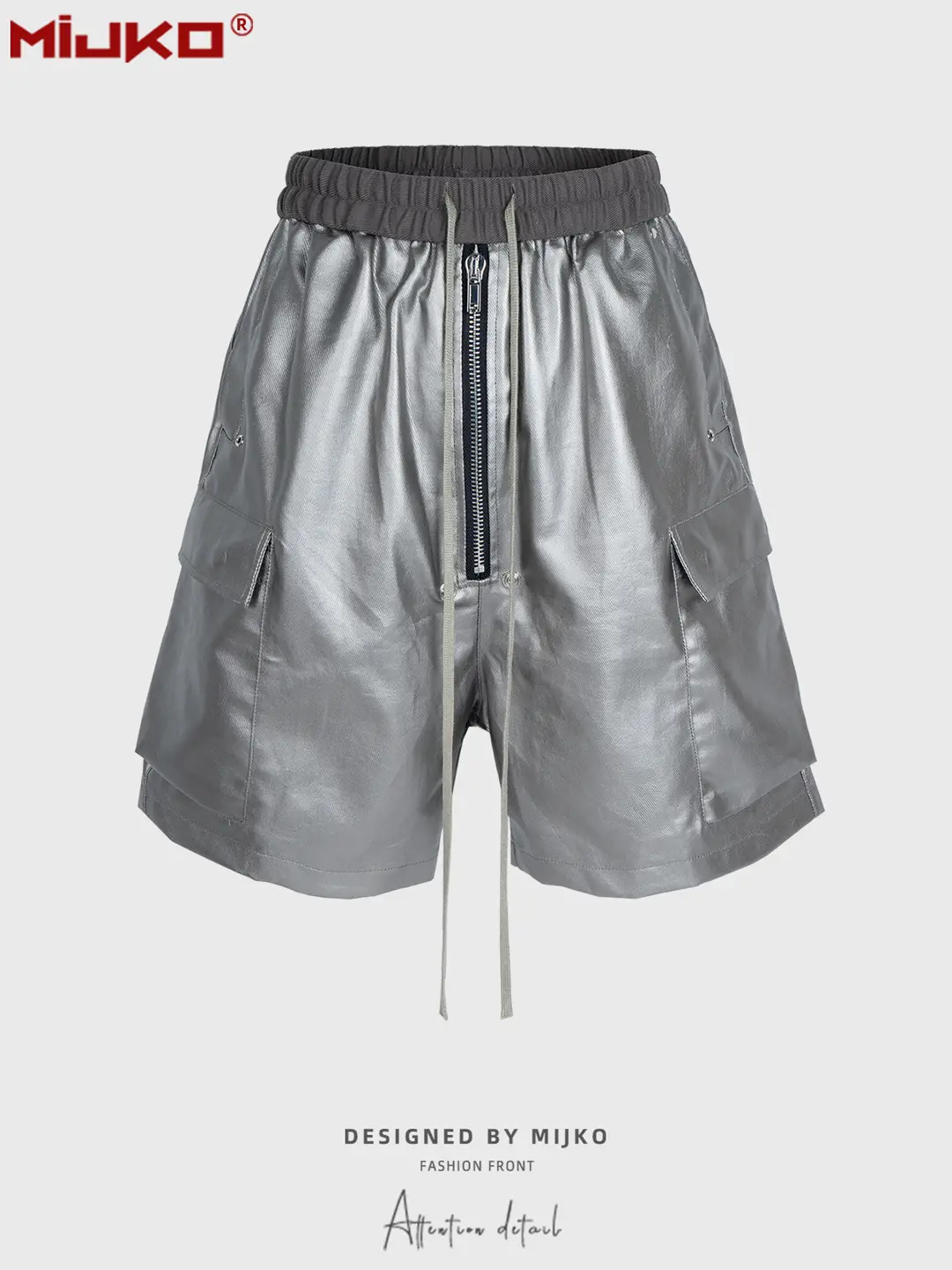 MIJKO Men's Wear Women's Spring and Summer New Casual Pants Unisex Zipper Long Drawstring Matte Top Coated Tooling Shorts