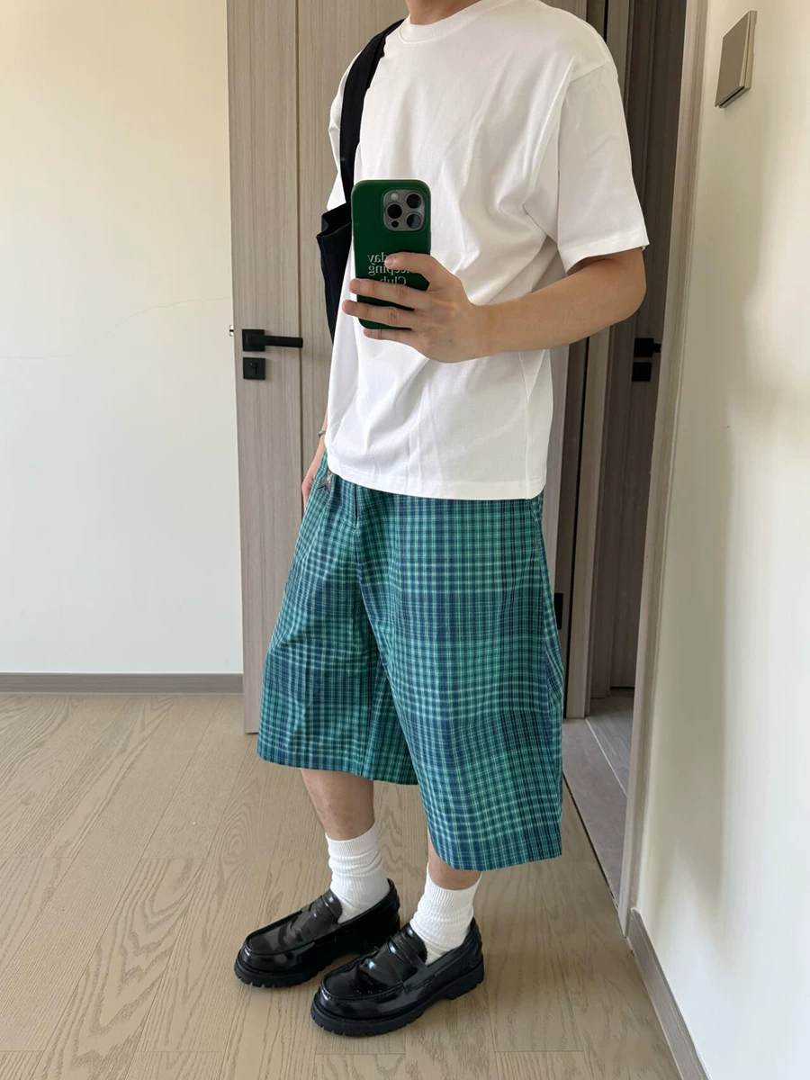 Street-Style Japanese Retro Blue Plaid Shorts for Men, Loose Straight-Leg Summer Versatile Casual Mid-Length Shorts ins Fotografie QC de pe TAOBAO pe Qualit.ly