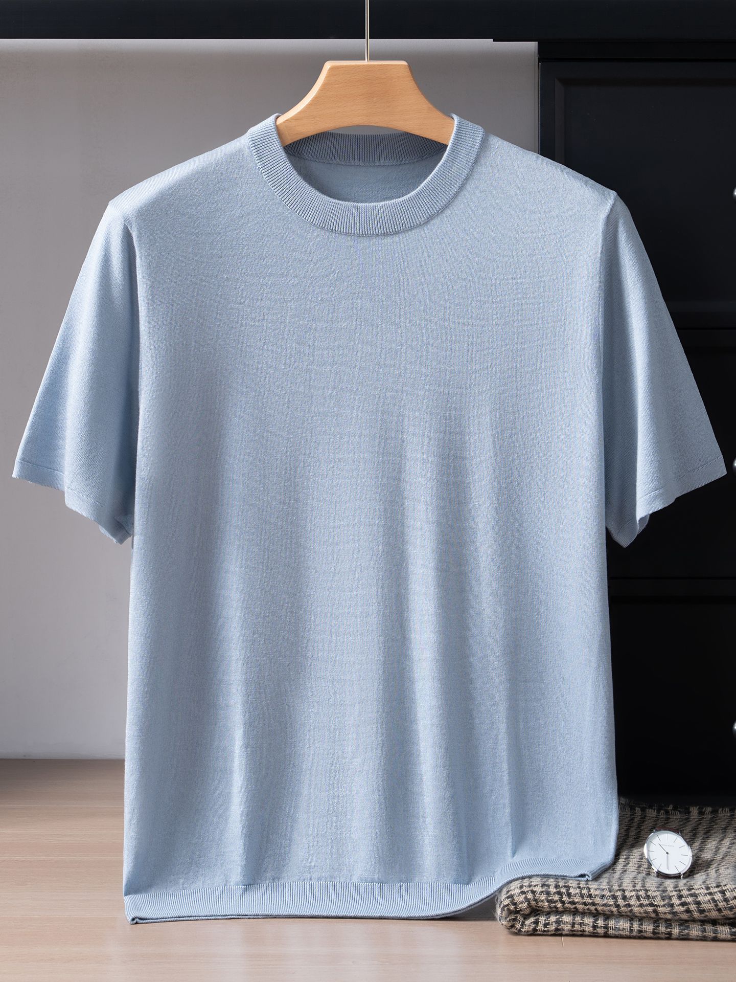 Light Luxury Mulberry Silk Fashionable Casual Round Neck T-Shirt for Men, Spring and Summer Thin Short-Sleeve Knit Fine-Spun Cashmere Base Shirt