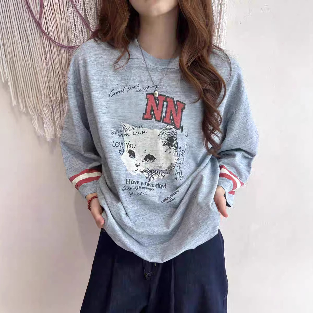 26 Spring and Summer New Niche Designer Cat Print Round Neck Pure Cotton Loose 7-Quarter Sleeve T-Shirt for Women