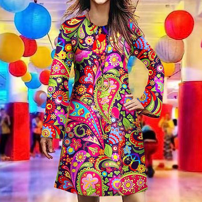 Amazon Cross-Border New European and American Clothing Halloween Retro Hippie Clothing Printed Women's Dress
