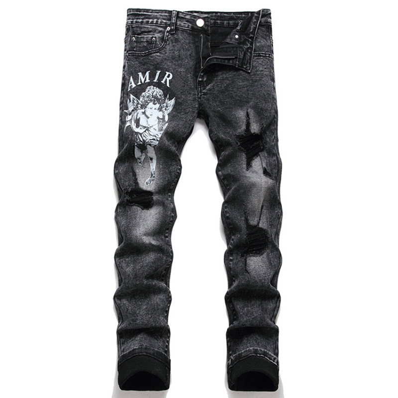 European and American Trendy Brand Spring and Autumn Black Ripped Angel Print Slim-Fit Jeans for Men, Trendy Skinny Foreign Trade Long Pants QC-foto van TAOBAO op Qualit.ly