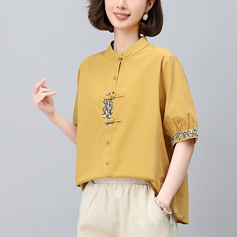 Guofeng New Chinese Style Shirt Women's Short-sleeved 2025 Summer New Arrival Linen Shirt Artistic Mother's Embroidered Cotton and Linen Top