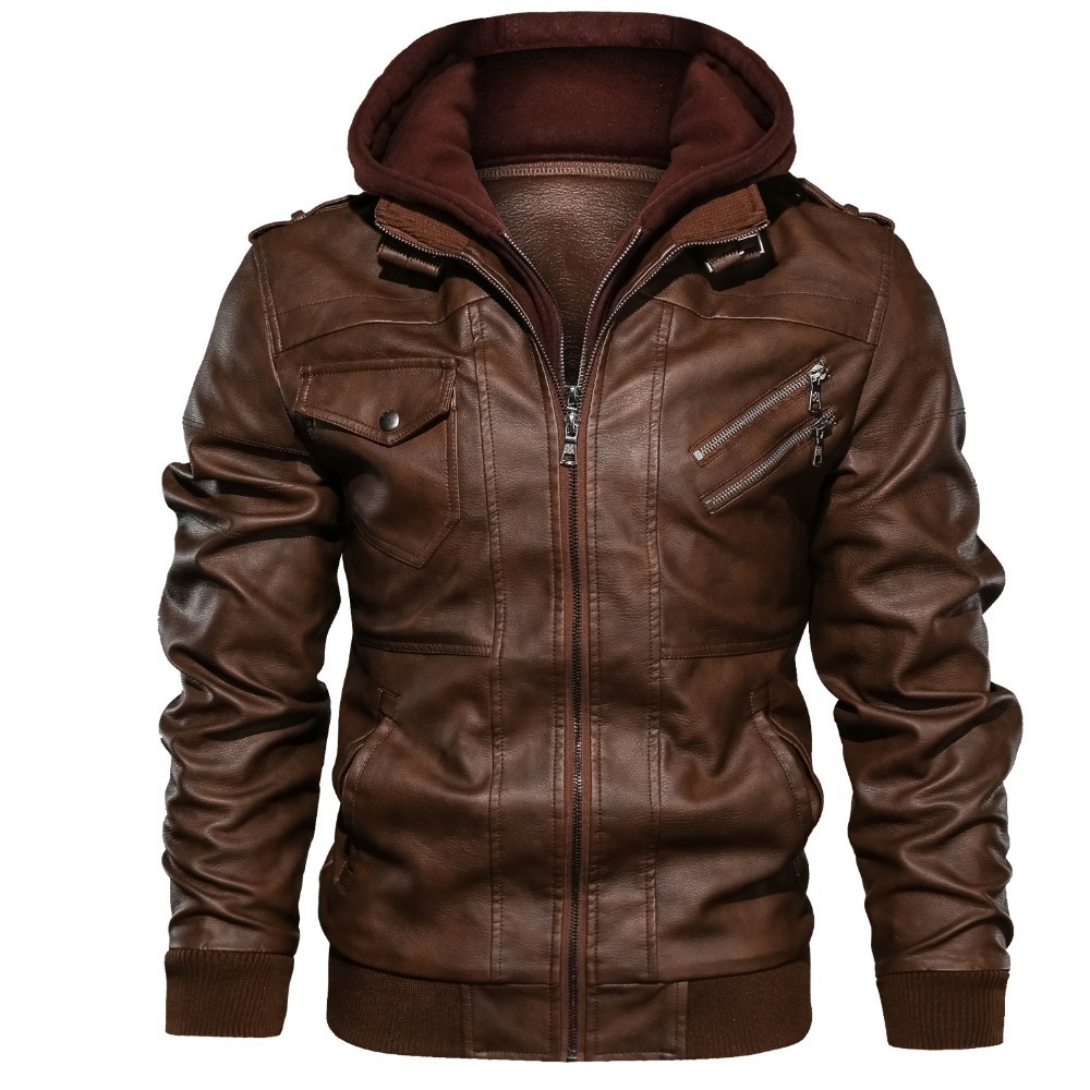 Cross-border Style for Autumn and Winter Men's Detachable Knitted Hat Washed PU Leather Jacket Large Size Casual Motorcycle Leather Jacket for Men