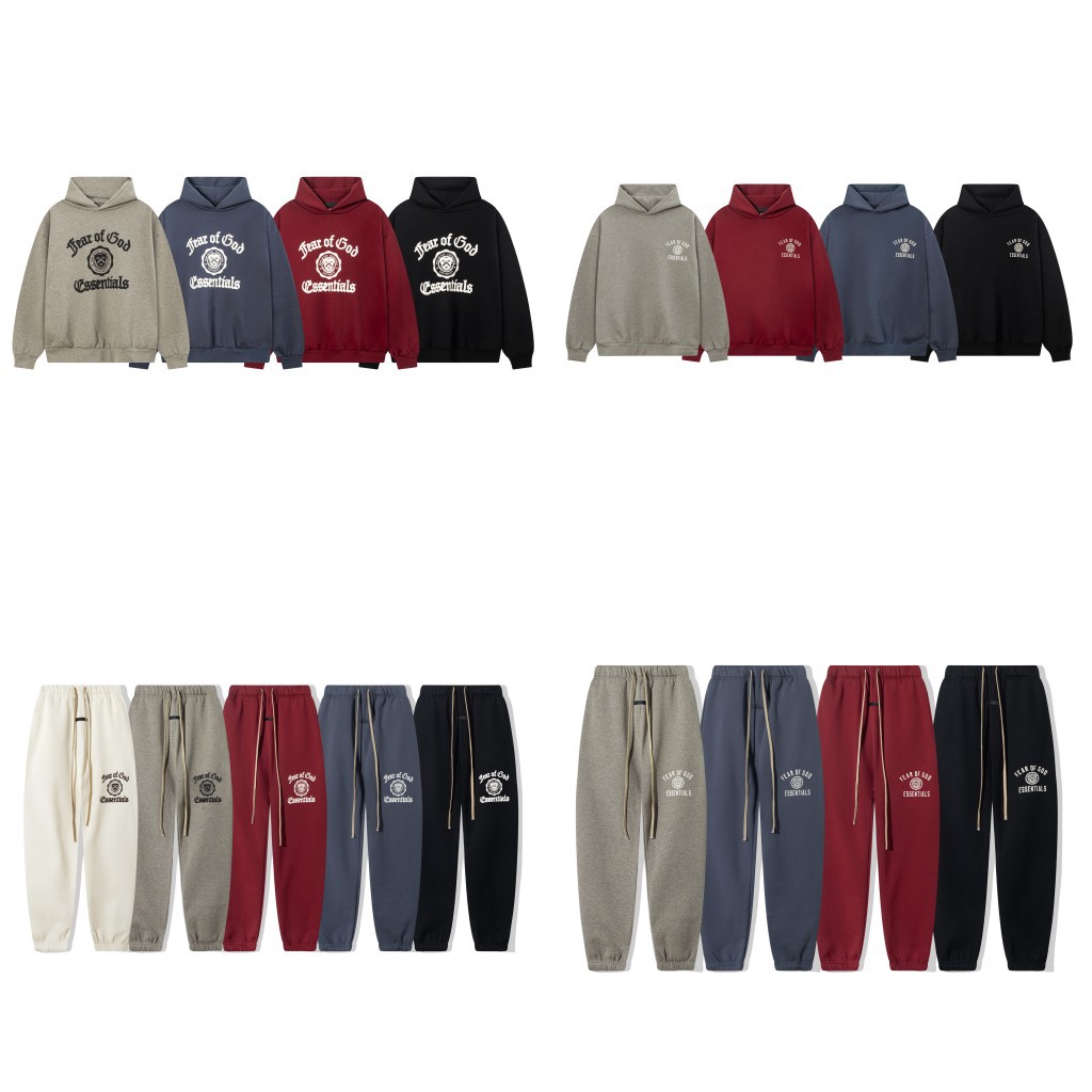 Fog Essentials American-Style Letter Print Fleece-Lined Hoodie Sweatshirt and Sweatpants Set for Men and Women