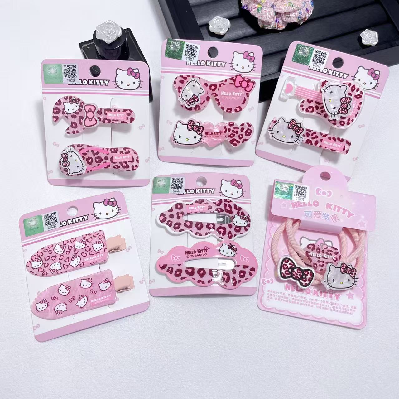 Authentic Licensed Hello Kitty Pink Leopard Print Series Cute Cartoon Hair Clips and Hair Ties 00075
