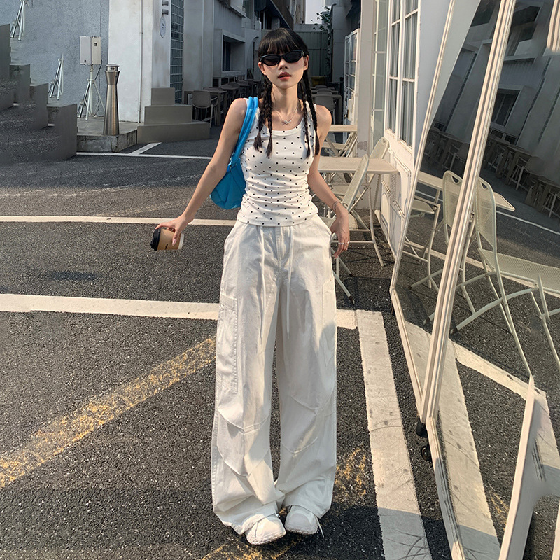 American White Wide-leg Casual Cargo Pants for Women in Summer, Thin, Refreshing, Breathable, Loose Drawstring Leg-tie Parachute Pants