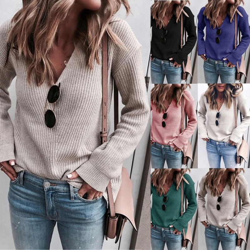 2024 autumn and winter sweater Amazon independent station European and American sweater women's fashion V-neck knitted top cross-border women's clothing