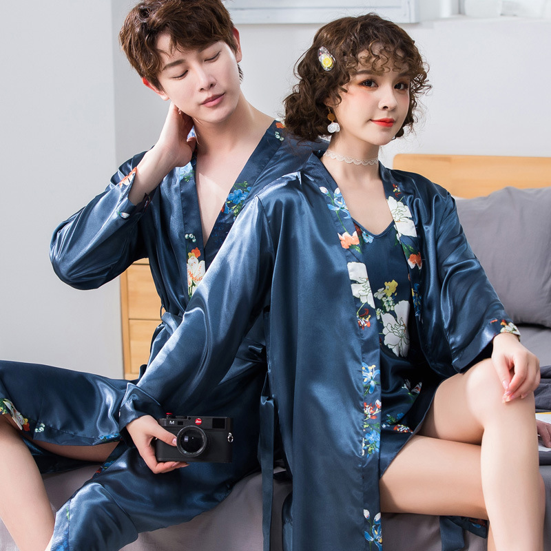 Spring and Autumn Nightgown Thin Couple Bathrobe Silk Pajamas Women's Nightgown Summer Men's Long Sleeve Ice Silk Morning Gown Home Clothes