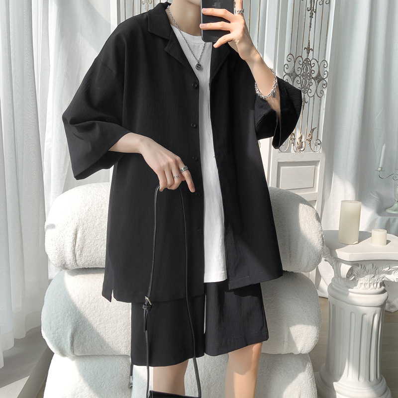 Casual suit men's Hong Kong style short-sleeved shirt summer trendy all-match loose sports shorts ice two-piece suit fashion