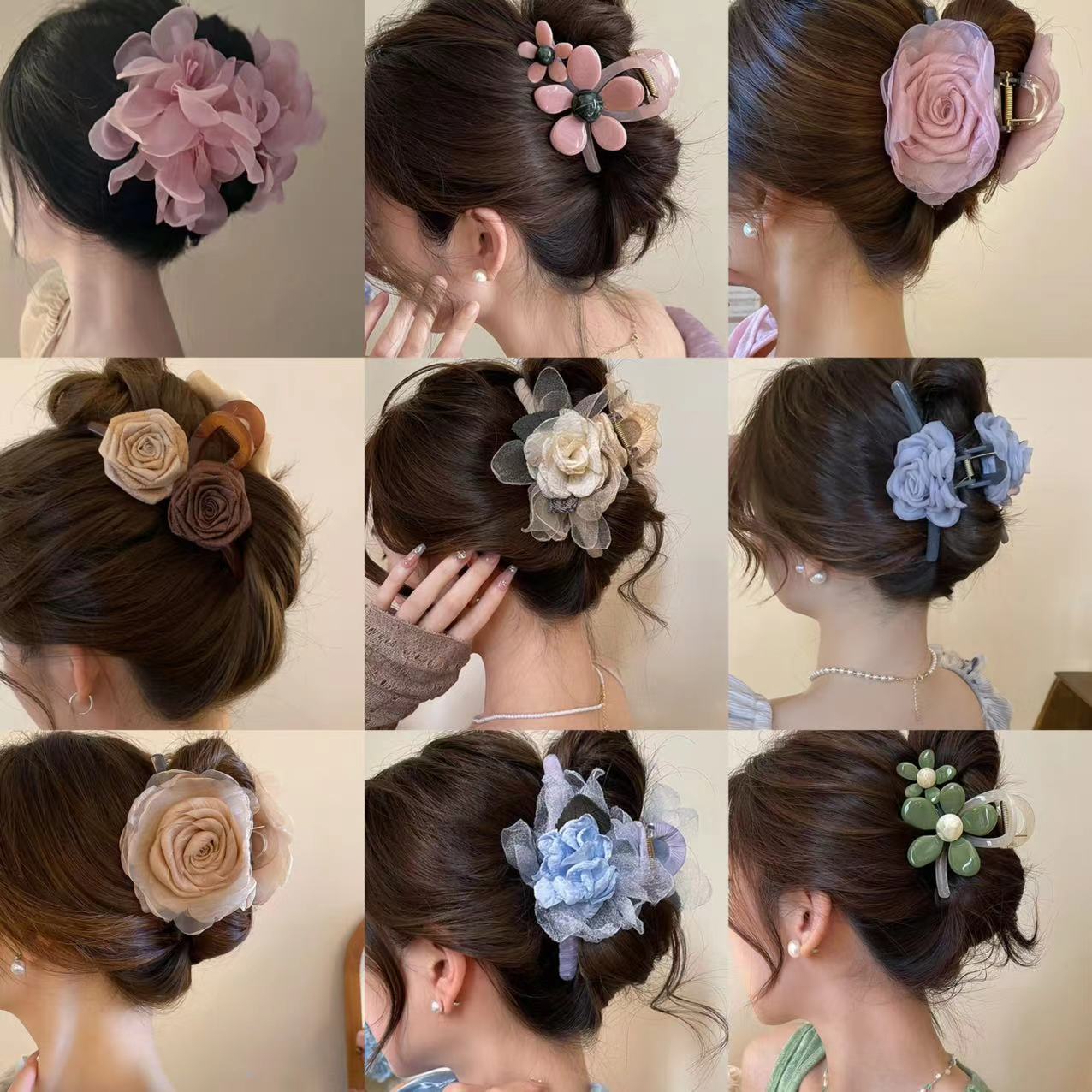 Super Fairy Organza Flower Pearl Hairpin Grab Clip Sweet Fashion Back Head Shark Clip Niche Artistic Hair Accessories