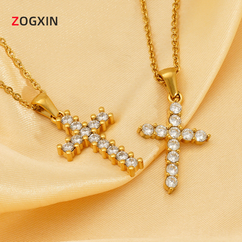 Cross-border new round zircon cross necklace European and American style punk personality retro men's and women's pendant clavicle chain