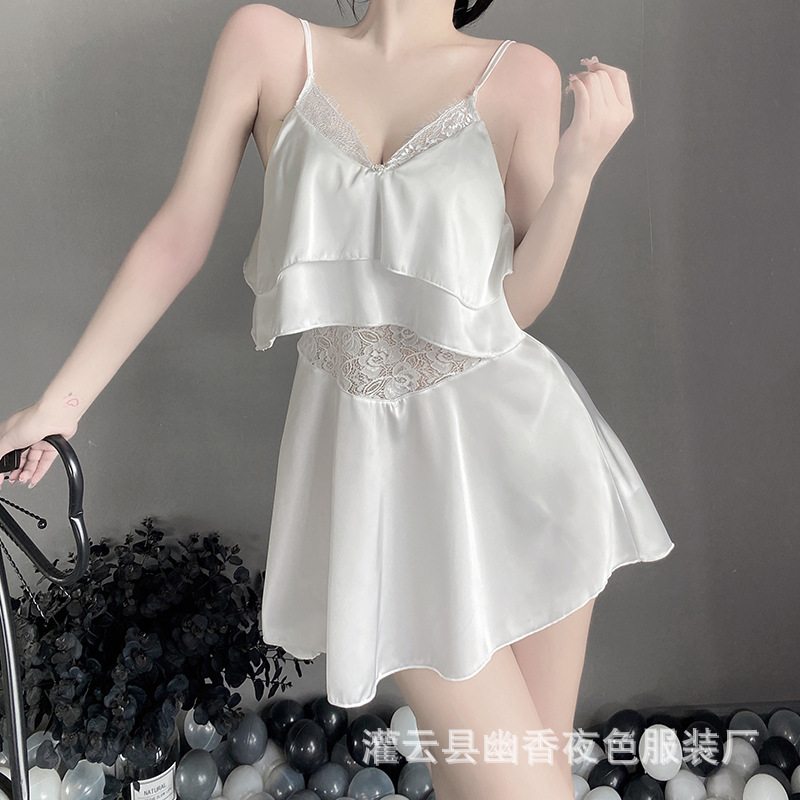 Lin linting sexy lingerie women's sexy chiffon transparent temptation sweet ruffled strap nightdress suit 2512