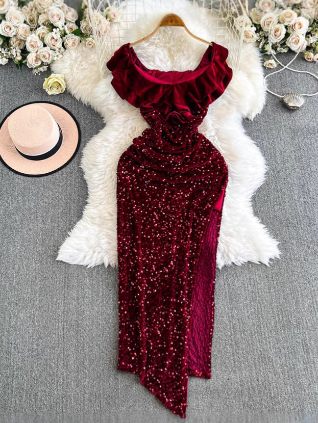 Party Long Dress Women's High-end off-shoulder Sequin Split Gold Velvet Ruffled Dress