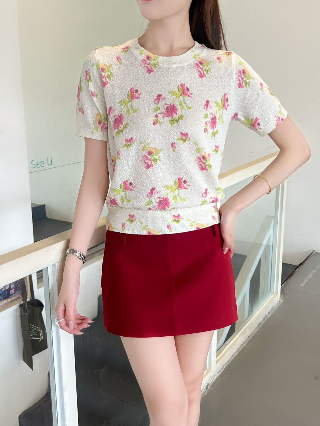 High-End Pure Version 25 Years Summer New Product Small Fresh Pastoral Style Small Floral Print Sweet Elegant Knitwear Short Sleeves