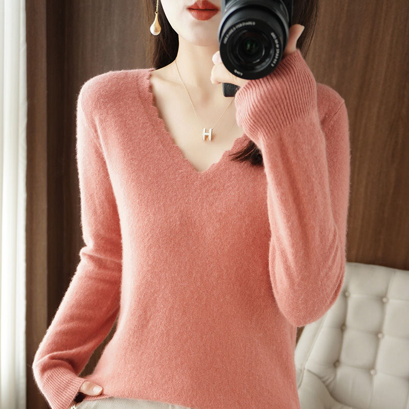 Autumn and Winter New Lace V-neck Women's Long-sleeved Sweater Solid Color Large Size Pullover Top Loose Slim Base Shirt