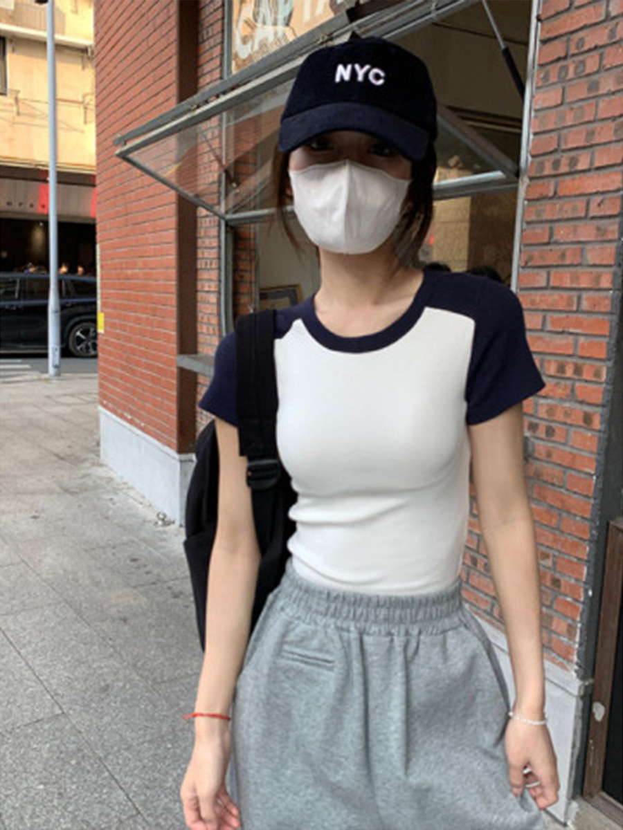 Color-Contrasting Slim-Fit Straight Shoulder Round Neck Short-Sleeved T-Shirt Women's Summer Raglan Sleeve Elastic Foundation Thread Base-Layer Shirt Women's Top