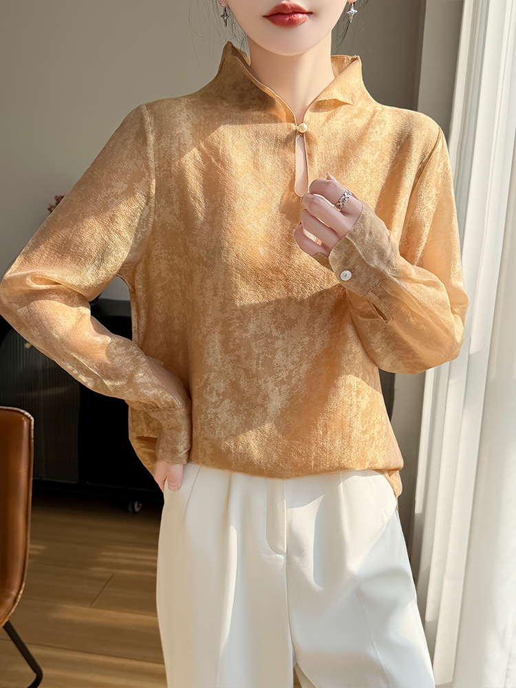 New Chinese-Style Textured Stand-Collar Shirt for Women, Spring and Summer Thin Versatile Long-Sleeve Blouse