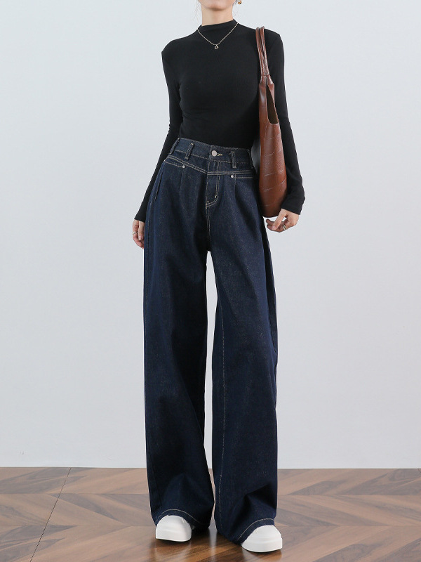 High Waist dark blue Pleated Casual Straight Jeans Women's Spring and Autumn 24 New Loose Wide Leg Pants