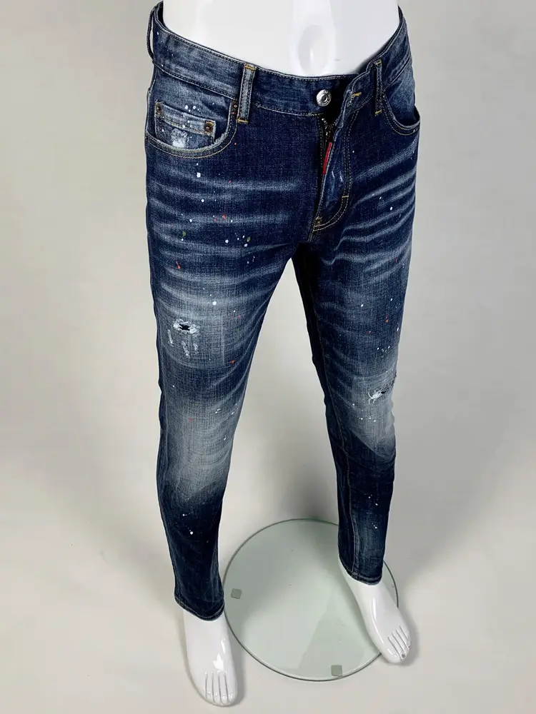 New 25 Four Seasons Jeans Men's D2 Slim Fit Spray Paint Patch Deep Blue Water Wash European Station Youth Trend DSQ2