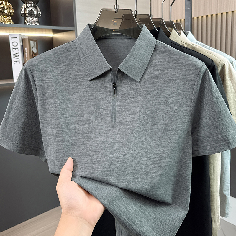 Half-Zip Men's T-Shirt Summer New Style Loose Solid Color Light Luxury High-End Feel Lapel Top Ice Silk Short-Sleeve Men's T-Shirt