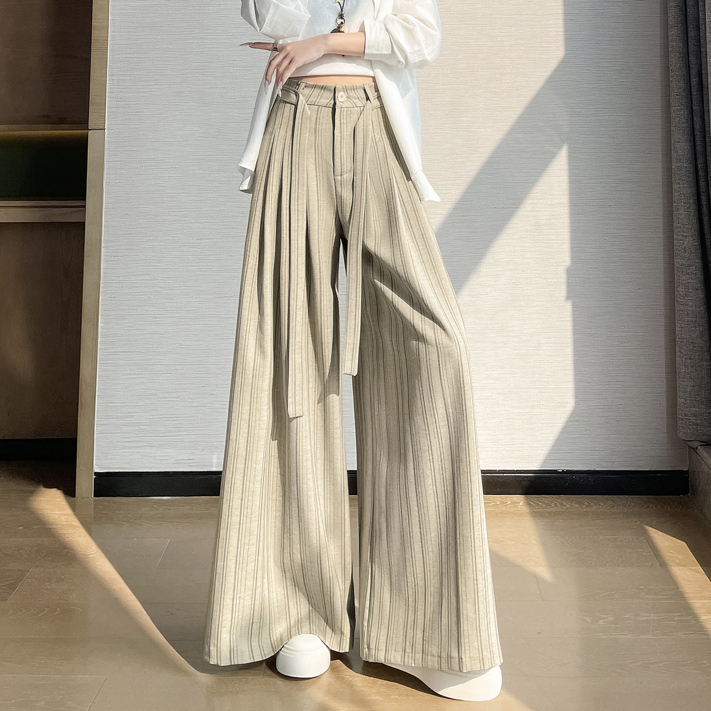 Old Money Style Striped Cotton-Linen Wide-Leg Suit Pants for Women, Summer 2026, High-Waisted, Slimming, Drapey, Floor-Length, Straight-Leg Casual Pants