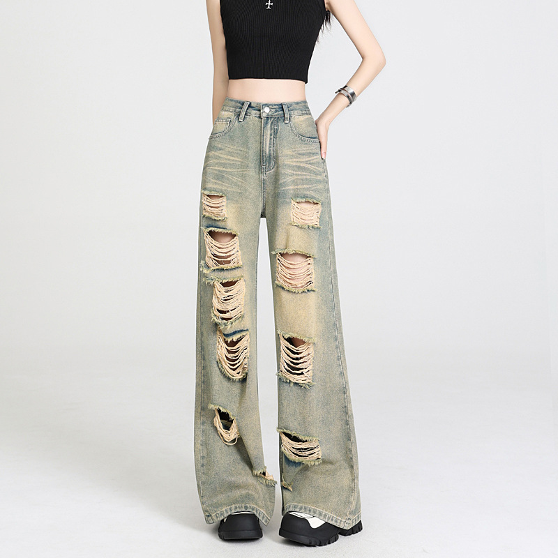Ripped Jeans for Women, Loose Wide-Leg Pants for Women, High-Waisted Wide-Leg Jeans for Women, Casual Wide-Leg Pants for Women, Slimming