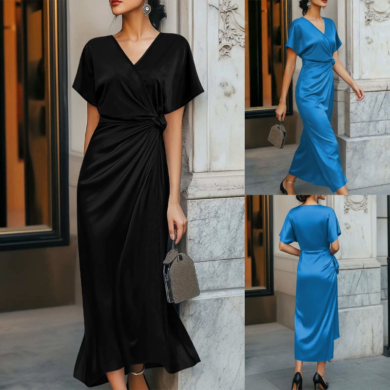 Tiktok Independent Site European and American Cross-Border Satin V-Neck Tea Break Dress Elegant and Stylish Tie-Waist Women's Dress