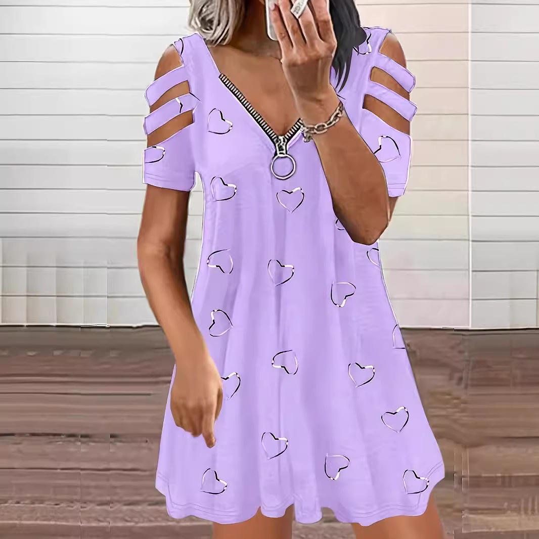 European and American New Wish Amazon Women's V-neck Zipper Printed Short Sleeve Loose Casual Shoulder Women's dress