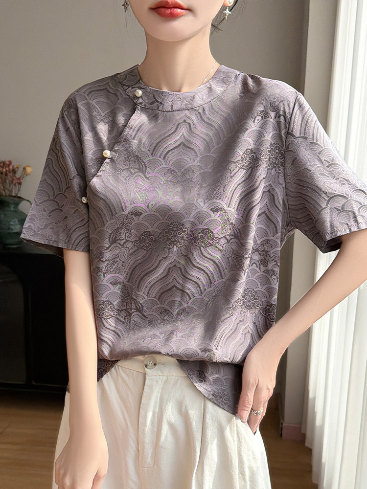 Summer New Satin Round-Neck Short-Sleeve T-Shirt for Women, New Chinese Style, Trendy, Slimming, Age-Reducing, Jacquard Versatile Top