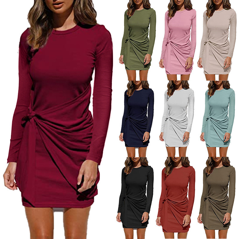 Europe and the United States cross-border women's clothing 2024 Amazon independent station autumn and winter new wish casual knot long sleeve dress women