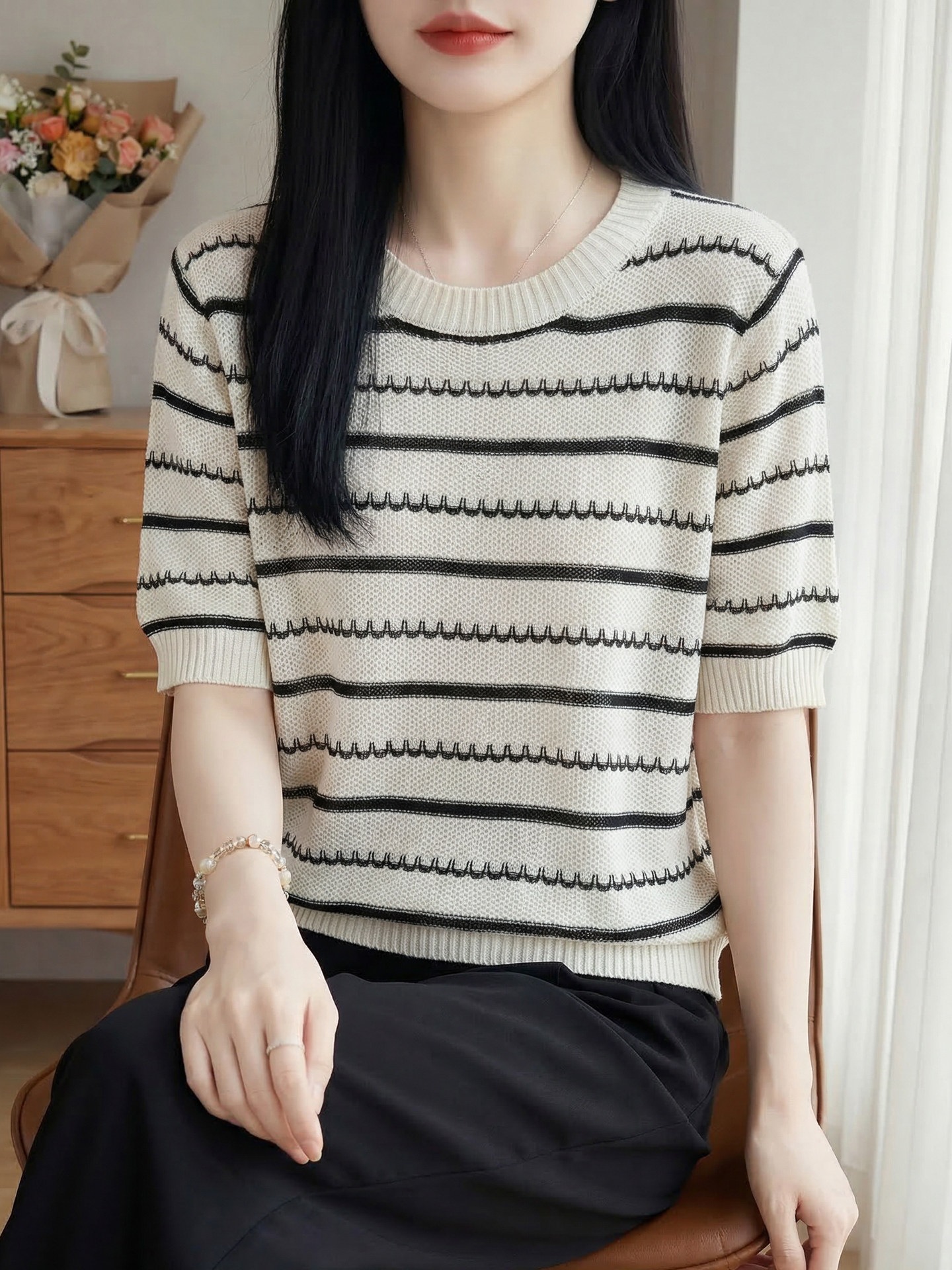 Summer New Style Tencel Cotton Knit Short-Sleeve Women's Color-Block Striped Round-Neck Pullover T-Shirt Casual Versatile Base Layer