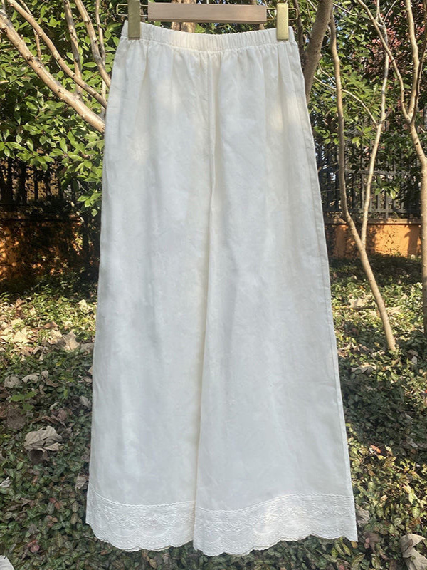 2026 Spring and Summer New Style Artistic Retro Design Lace Splicing Nine-Point Wide-Leg Pants Casual Pants Cotton and Linen Women's Clothing