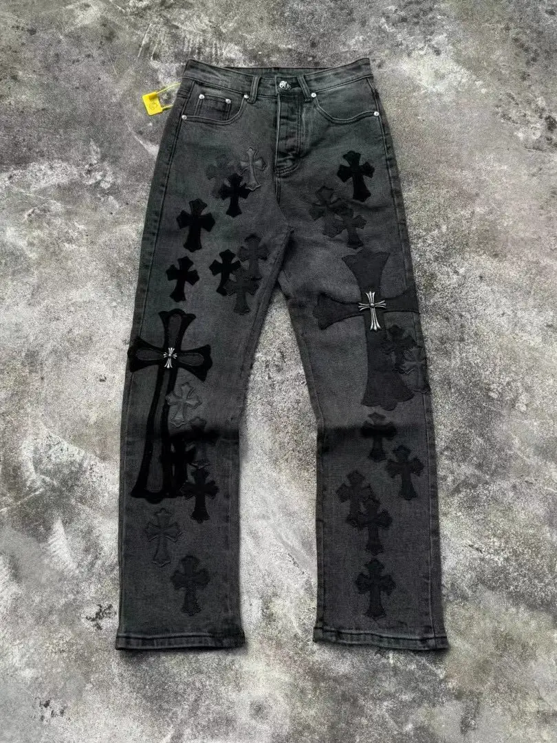 Ch Trendy Brand Vip Limited Edition Jeans Black-Gray Denim King Embroidery Cross Gothic Patch Leather Straight-Leg Distressed Pants