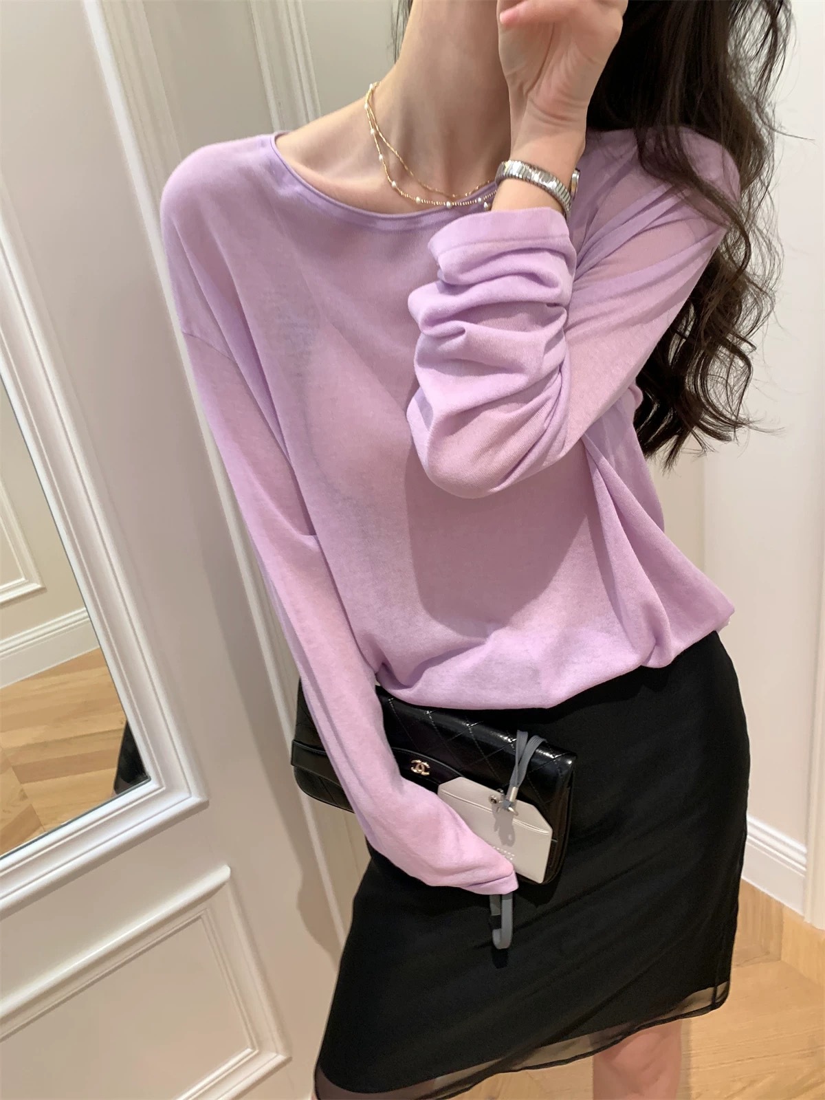 Korean-style Contrast Tencel Knitted Shirt Women's Long-sleeved T-shirt Loose Thin Micro-transparent Paper Shirt