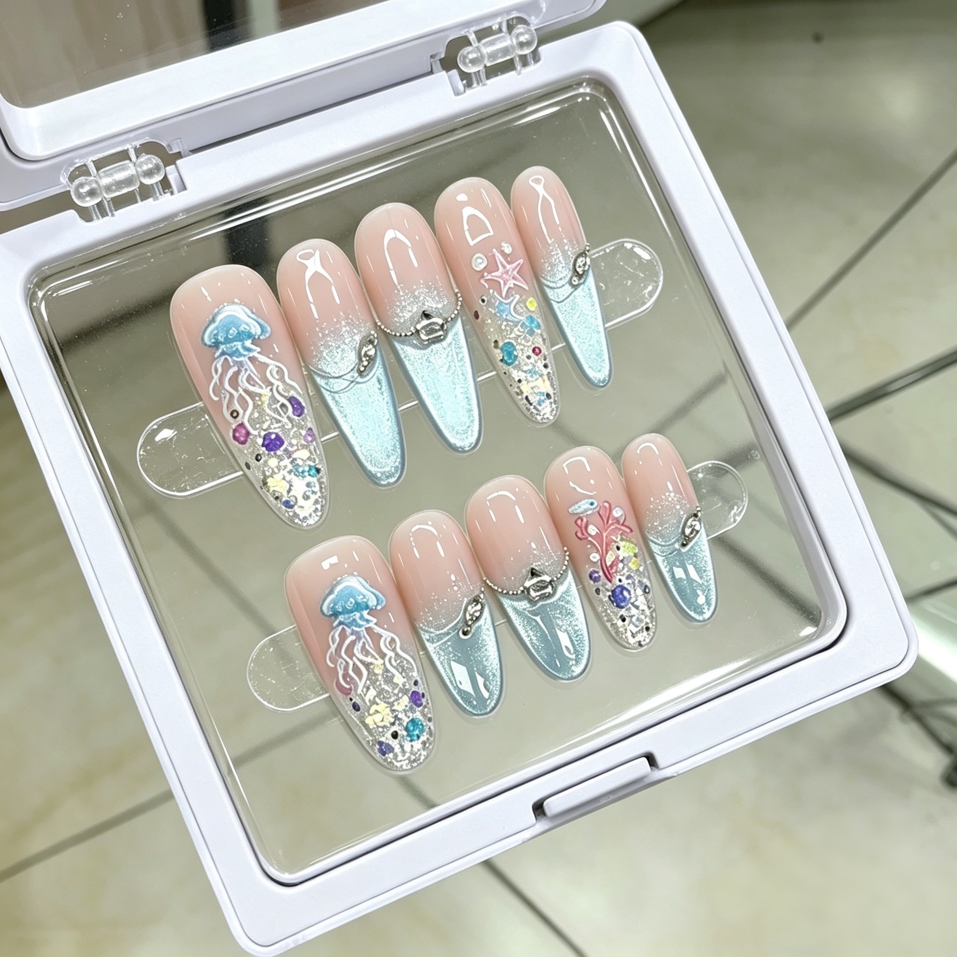 Nai Zi Pure Handmade Phototherapy Wearable Nail Art Ins-Style Sea Salt Ice Cream Wholesale Reusable High-End Nail Stickers