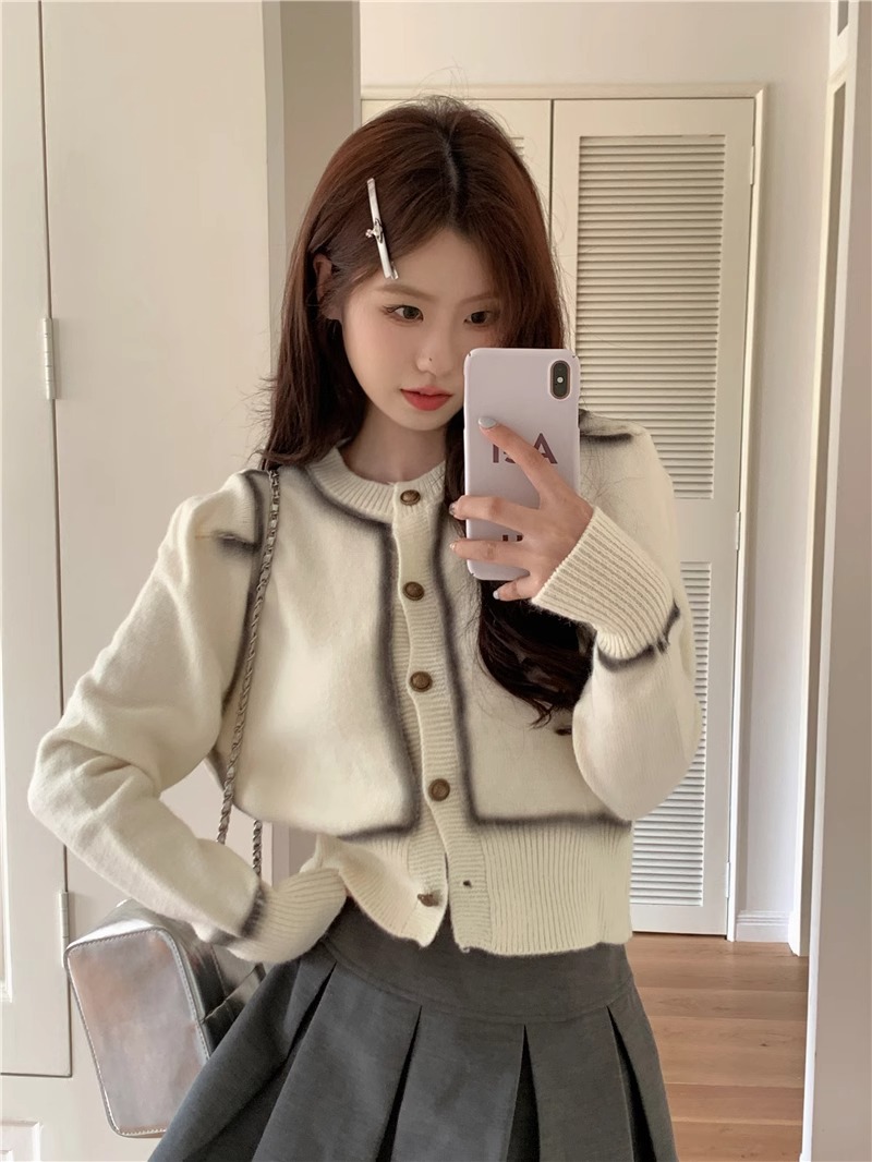 Contrast Color Round Neck Knitted Sweater Jacket for Women 2024 New Autumn and Winter Style Slimming Look Long-sleeved Cardigan Top