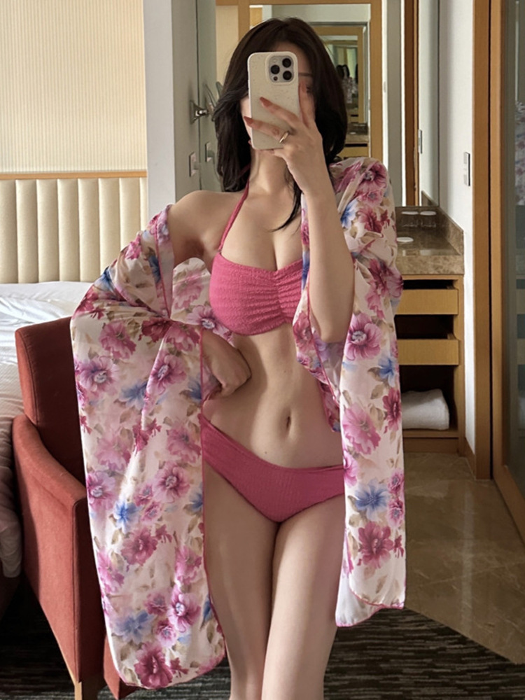 Pure Desire Rose Red Whitening Girl Bikini Wrap Skirt Separates Covering Flesh Slimming Sexy Breast Pad Vacation Swimsuit Women Summer