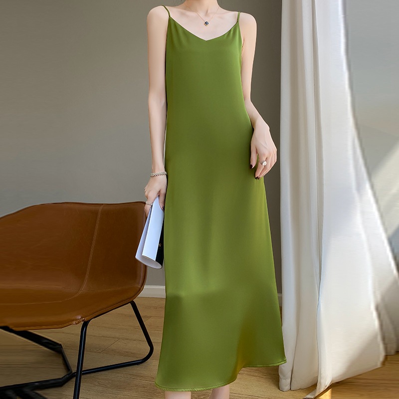 2021 New French Acetic Acid Satin Silk Slip Dress Women's Mid-length Spring and Summer White Inner Base Dress