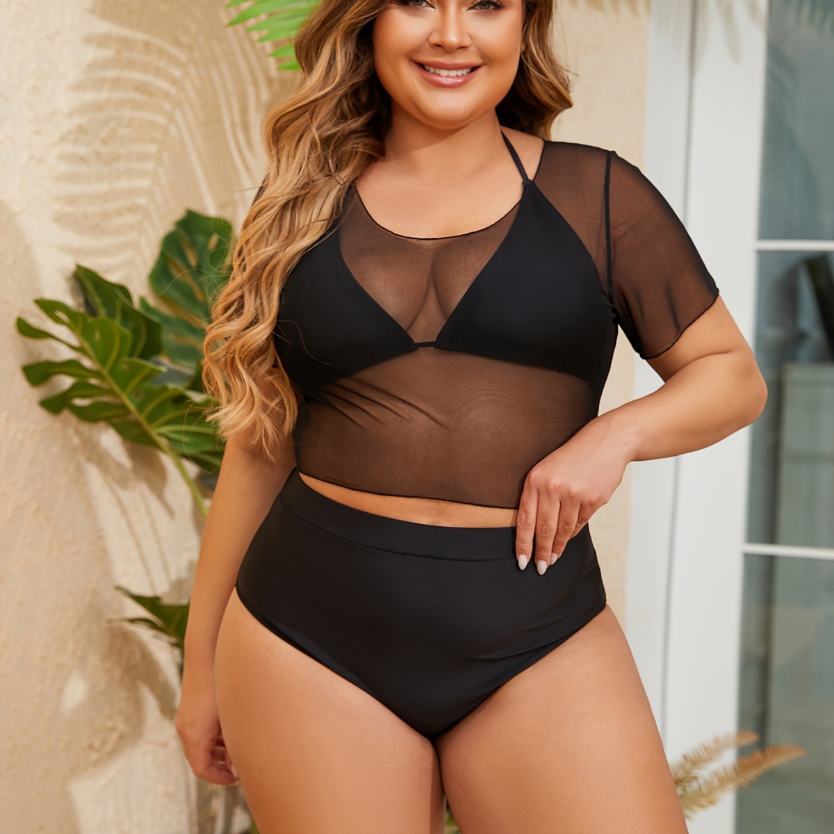 Europe and the United States new sexy solid color chubby girl strap bikini black yarn swimsuit suit P024