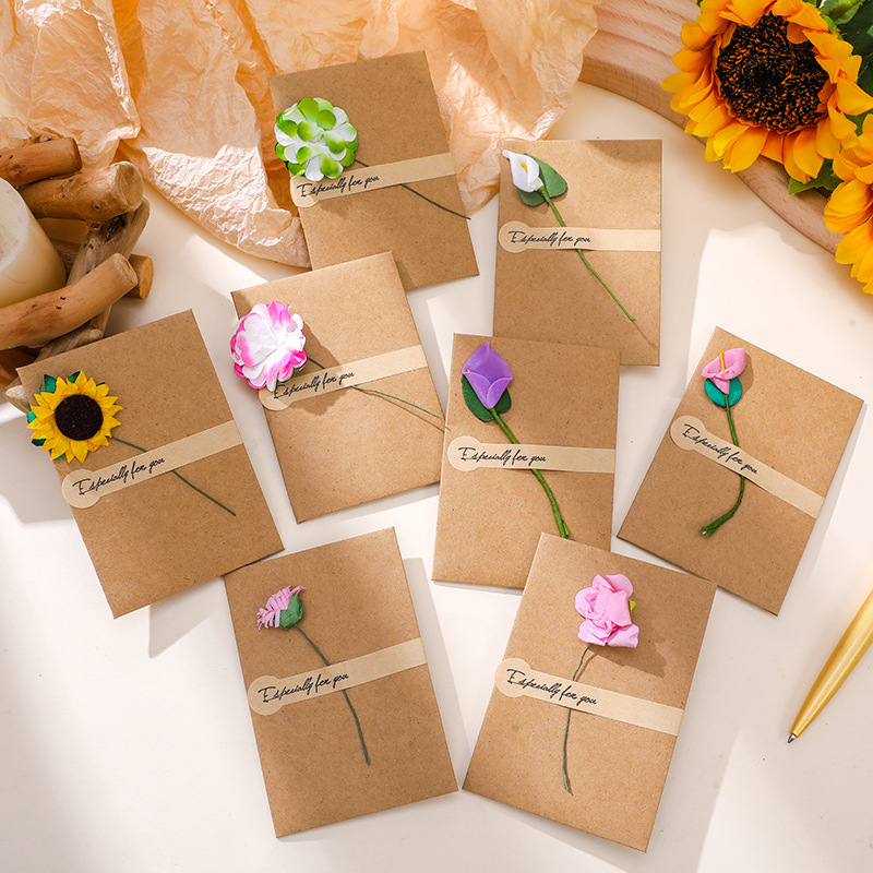 Birthday Card Paper Flower Creative DIY Retro Cowhide Trumpet Fake Flower Greeting Card Mother's Day with Envelope Sunflower