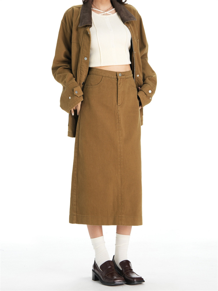 Caramel Brown Maillard Style Slit Skirt for Women, 2026 Spring New High-Waisted Straight-Leg Hip-Covering Slimming Denim Skirt