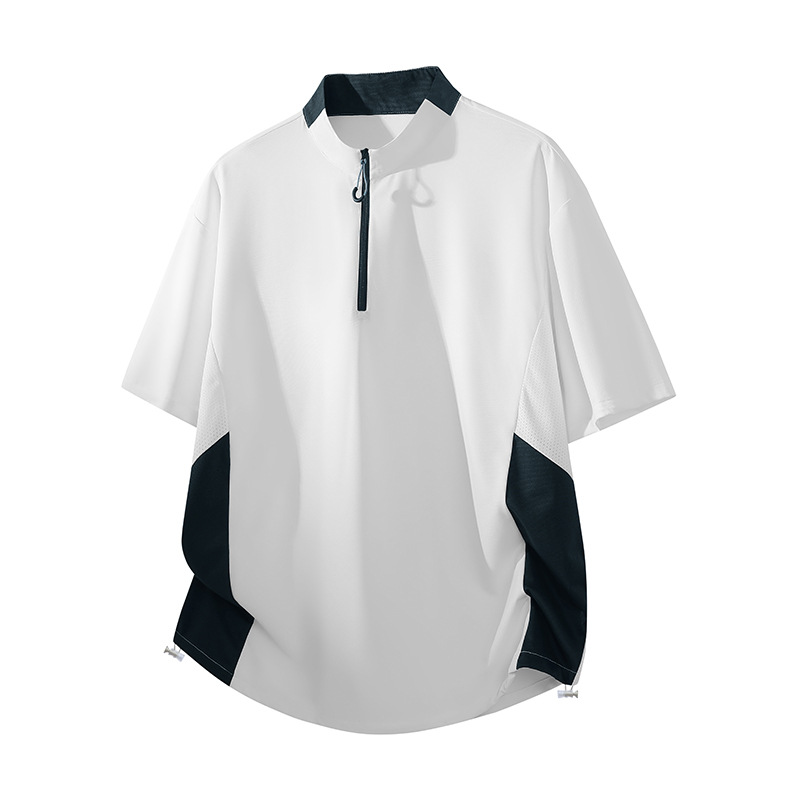 Summer Ice Silk Half-Zip Short-Sleeved Men's 2026 New Style Spliced Quick-Drying T-Shirt Loose Sports Casual Slimming Top