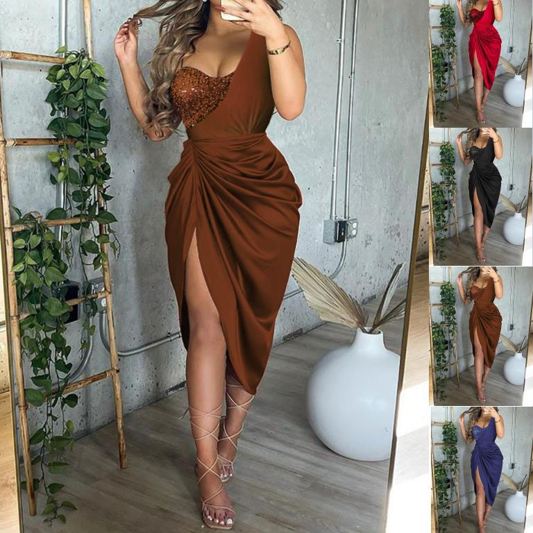 2022 Amazon New One Shoulder Sequin Dress Color Block Sexy Beaded Split Evening Dress Summer Sling Long Dress