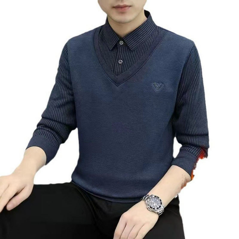 A generation of fleece-lined autumn and winter men's shirt long sleeve fleece-lined padded cardigan fake two teenagers knitted
