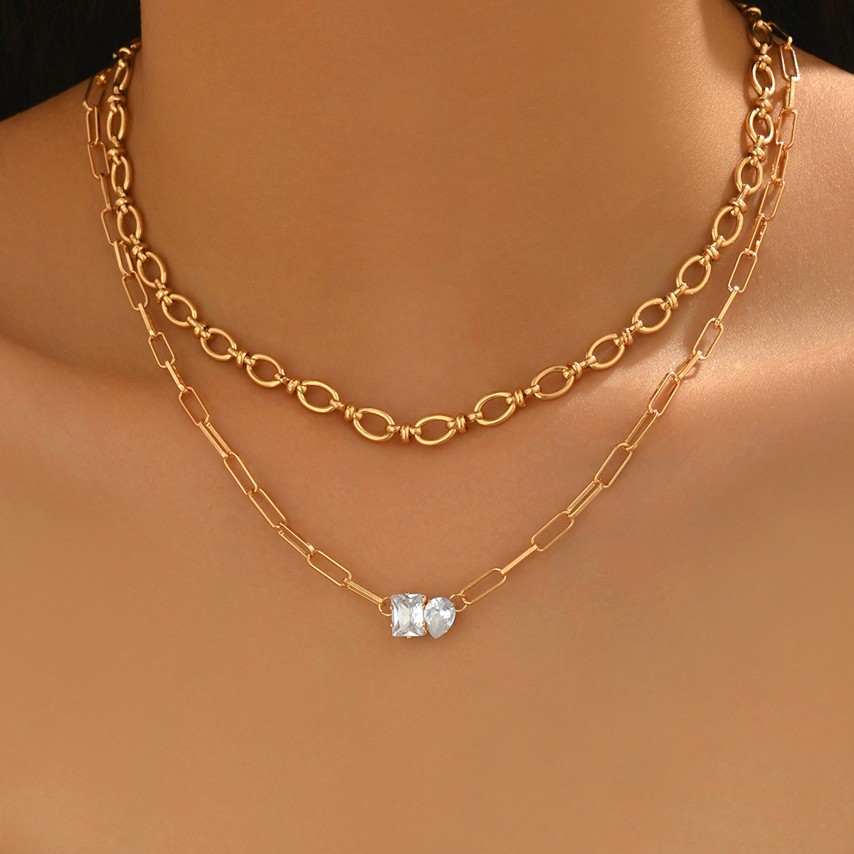 European and American Cross-Border Hot-Selling Trendy Square-Shaped Water Drop Zircon Gold Paperclip Necklace High-End Clavicle Chain for Women