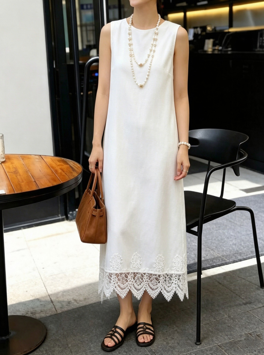 2026 Summer Fashion Round Neck Sleeveless Dress for Women with Lace Patchwork Hem Design, Slimming Loose Casual Dress