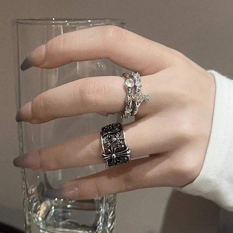Niche Design Cool Style Personality Retro Distressed Cross Opening Ring ins Trendy Cool Planet Stacked Ring